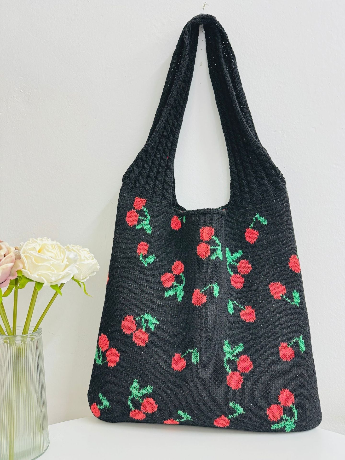 Cherry Print Cute Shoulder Bag Knit Tote Bag