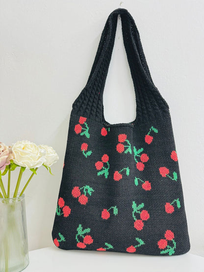 Cherry Print Cute Shoulder Bag Knit Tote Bag