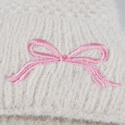Cute Bow Embroidery Pom Pom Thicken Beanie