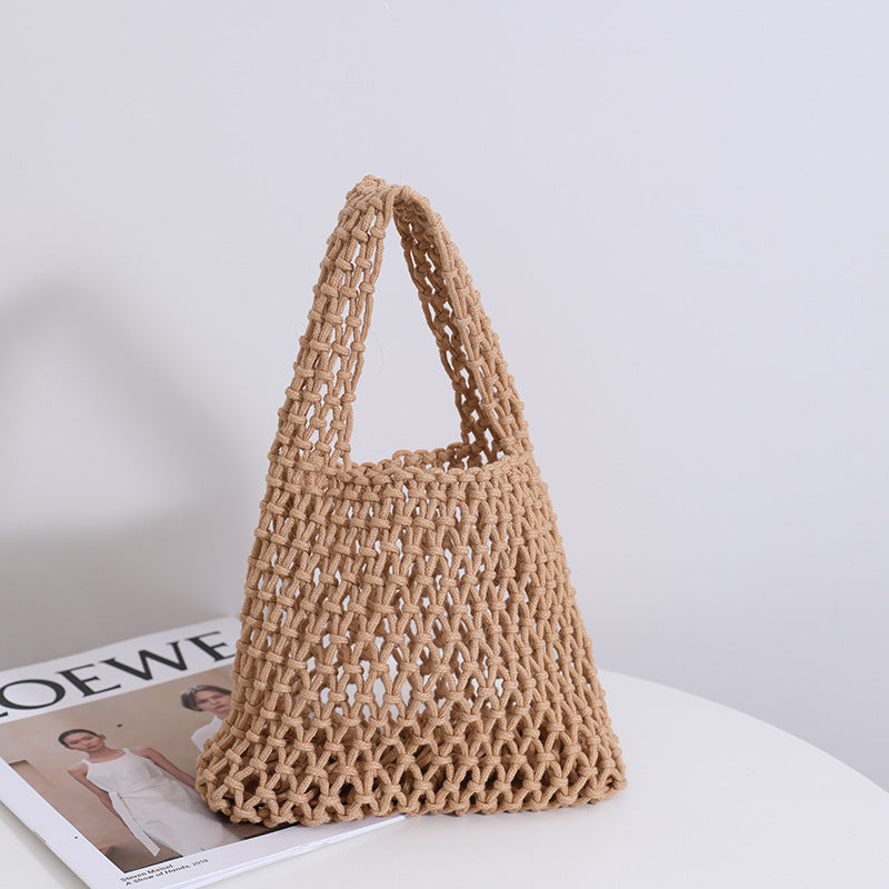 Solid Color Hollow Out Woven Handbag
