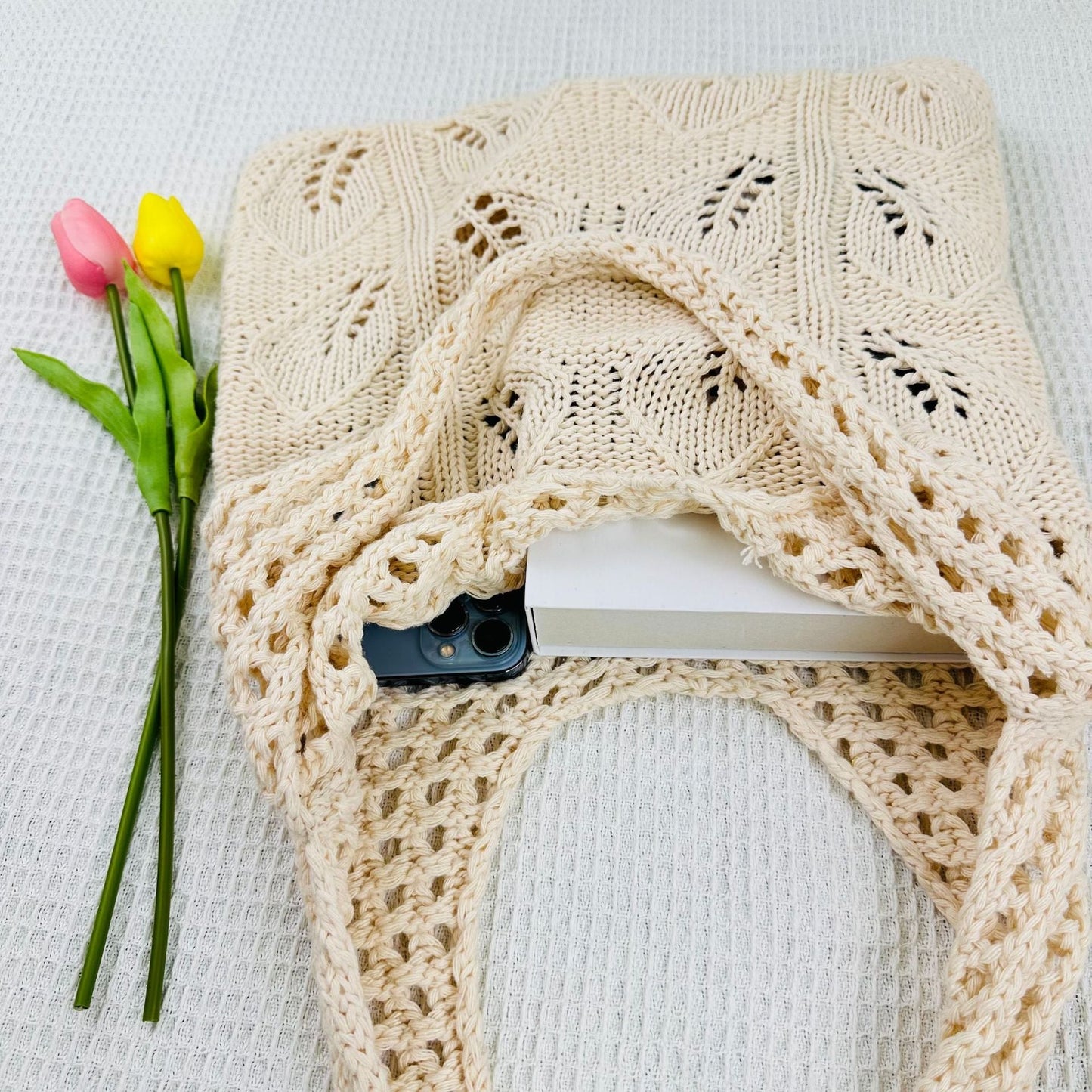 Solid Color Hollow Out Knit Shoulder Tote Bag
