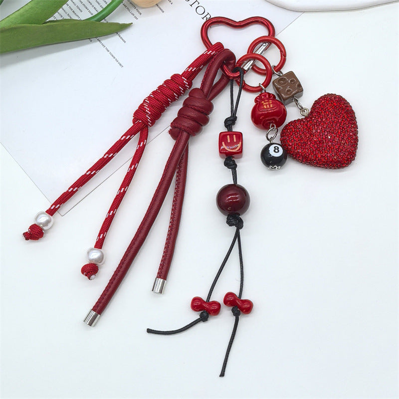 Sparkling Rhinestone Heart Braided Keychain Bag Charms