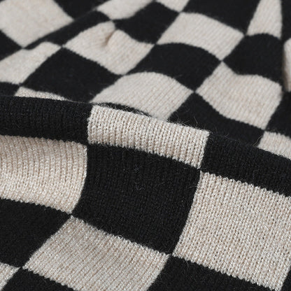 Color Contrast Checkered Knit Beanie Warm Hat