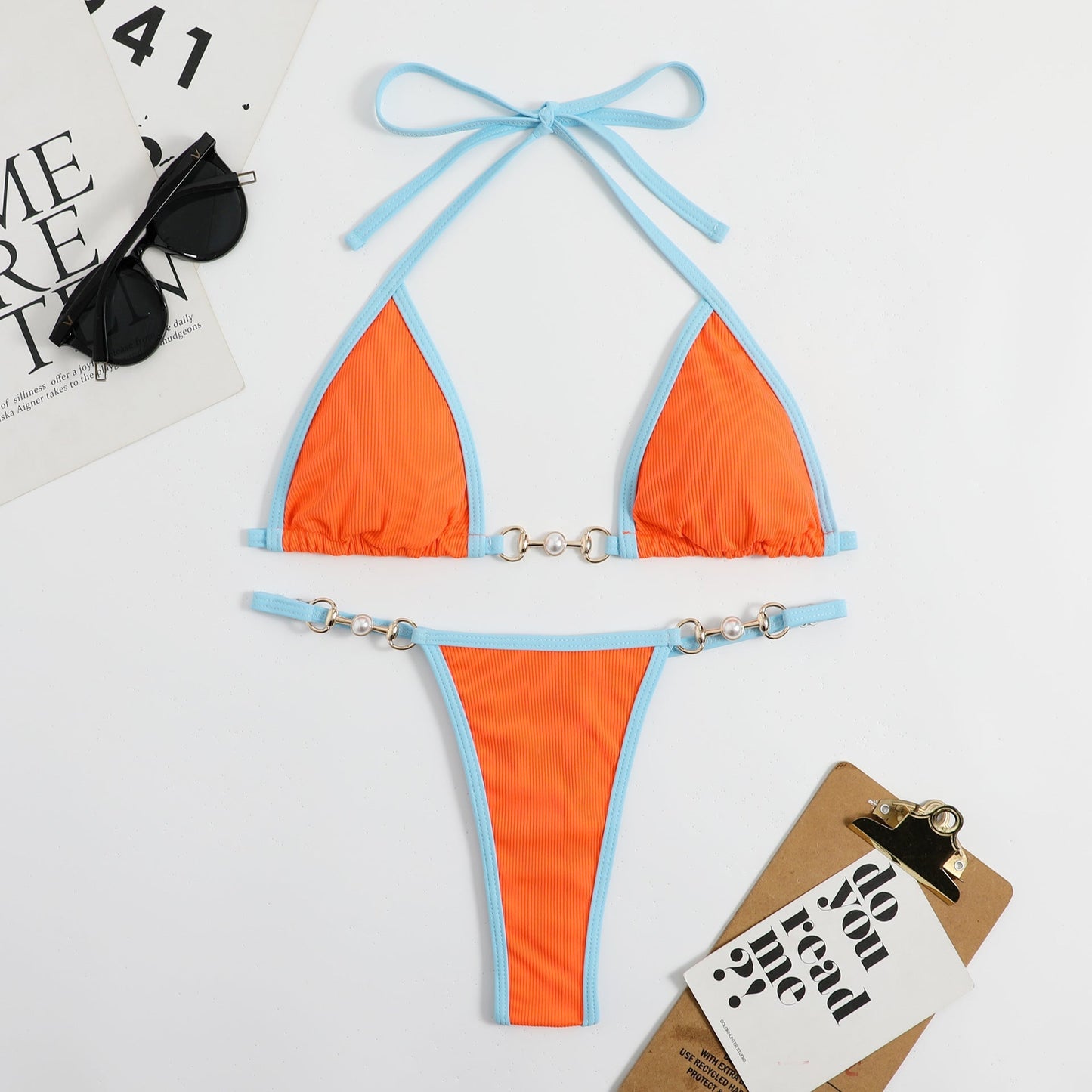 Color Block Halter Backless Swimwear