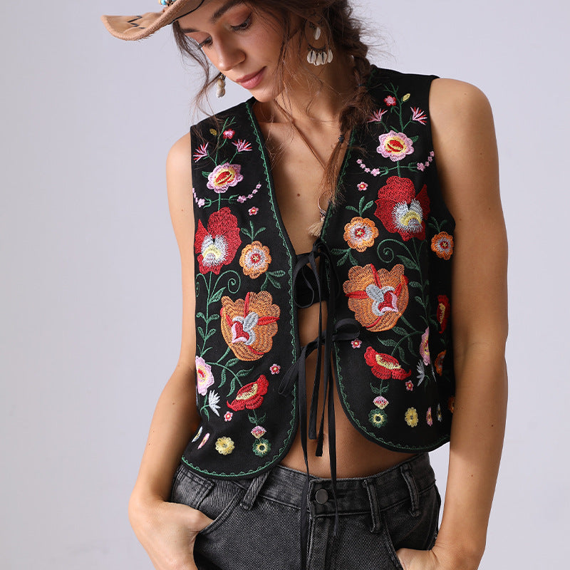 Vintage Flower Embroider String Vest