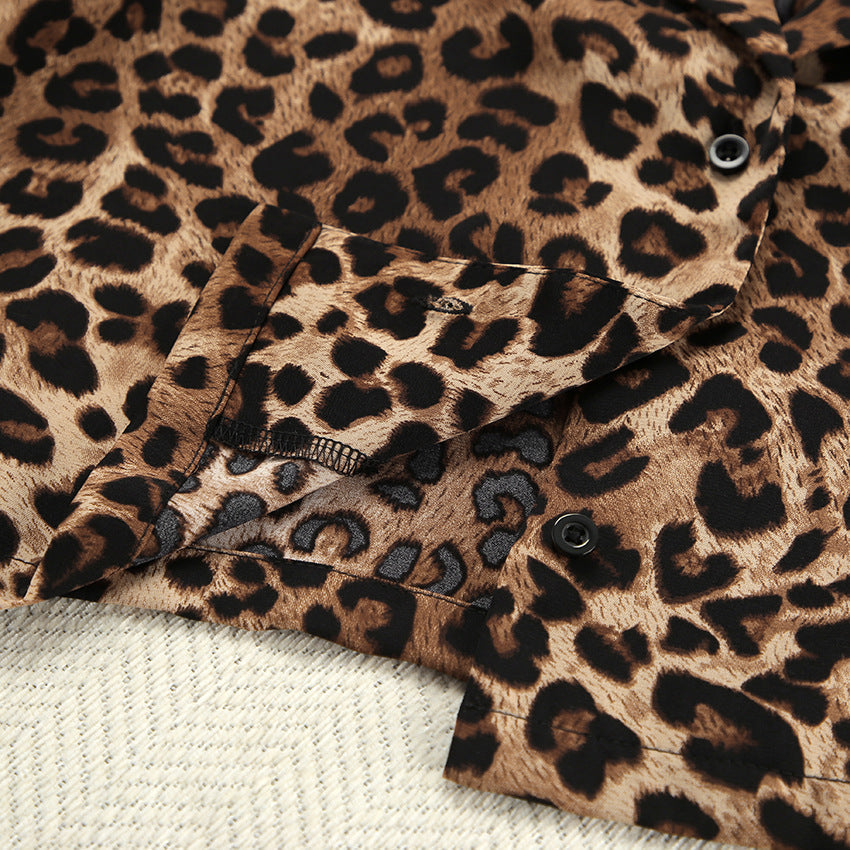 Leopard Print Lapel  Sleepwear Sets