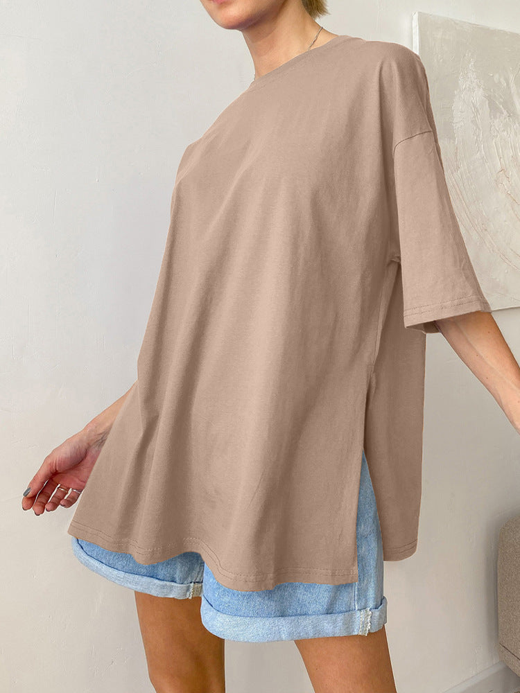 Casual Split Loose Round Neck Short Sleeves Top
