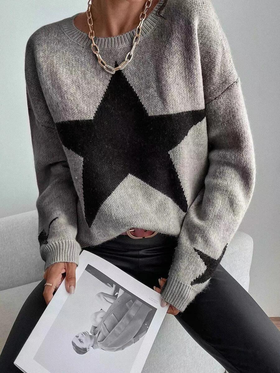 Round Neck Star Jacquard Pullover Sweater