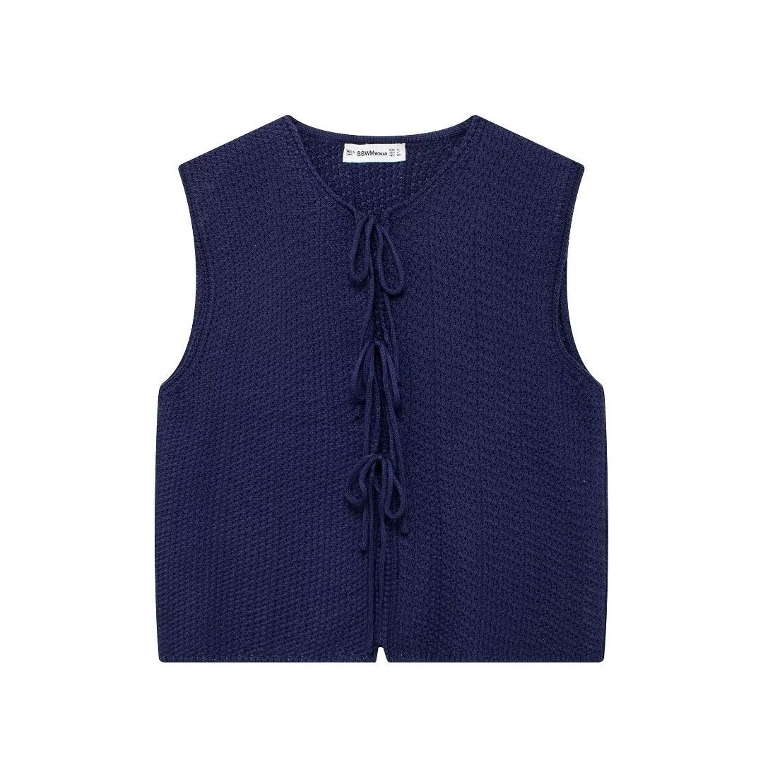 Round Neck Tie-Front Sleeveless Knit Vest
