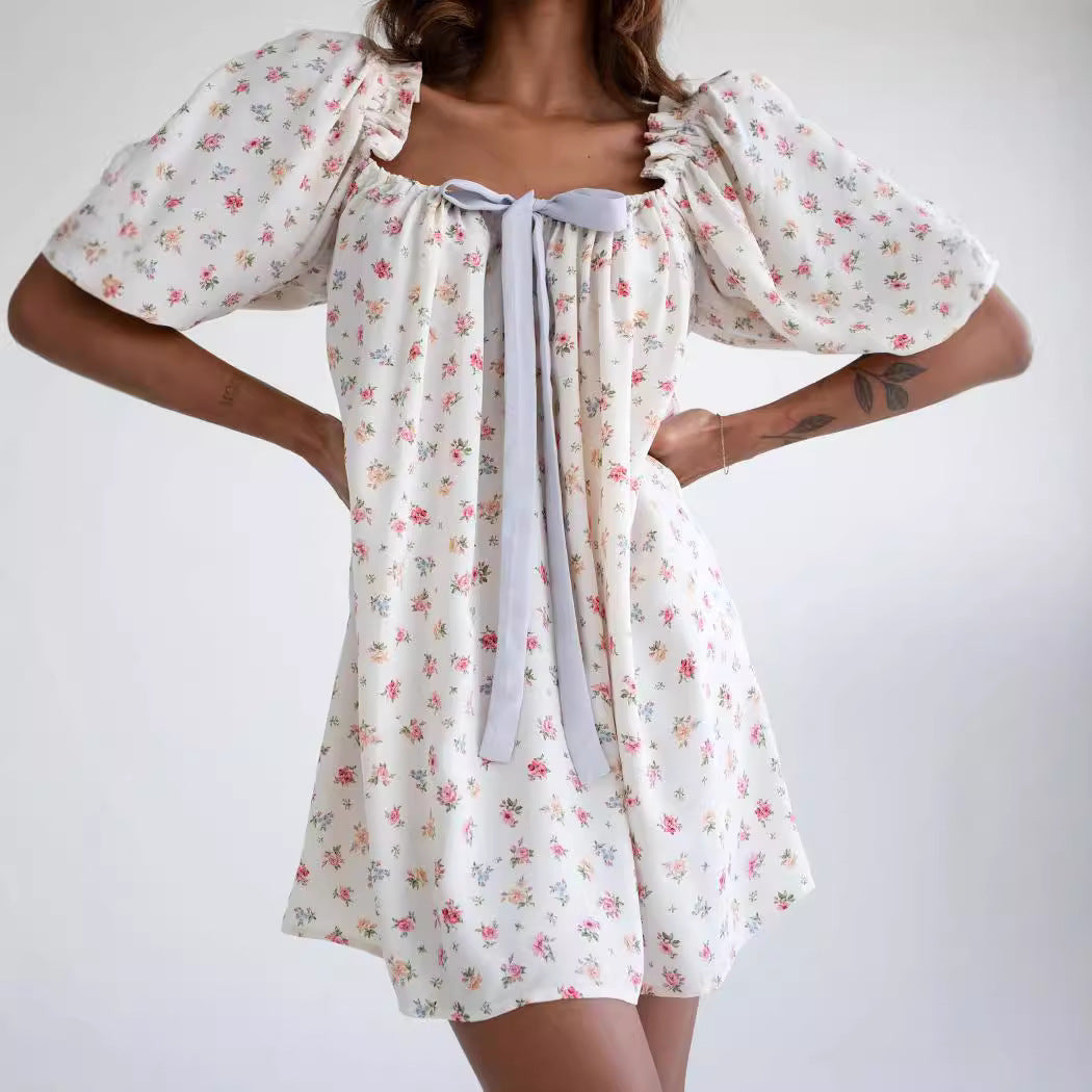 Vintage Off-Shoulder Puff Sleeve Babydoll Dress