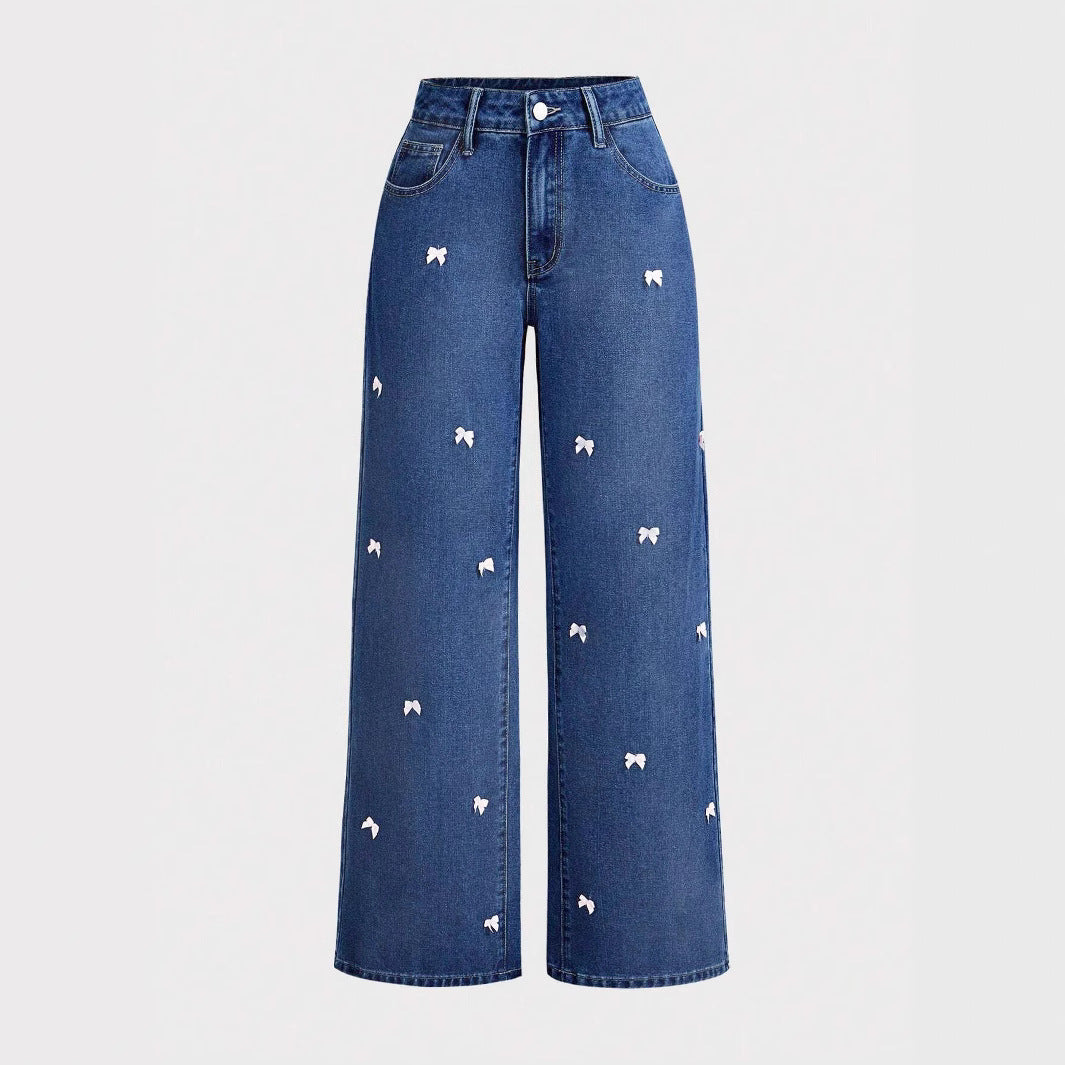 High Waist Washed Bow Loose Jeans