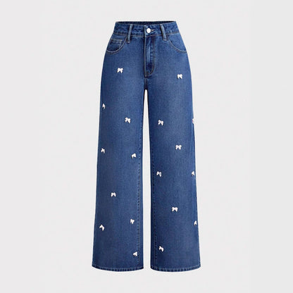 High Waist Washed Bow Loose Jeans