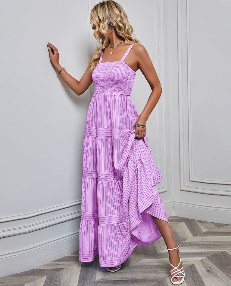 Solid Color Striped Spaghetti Long Dress