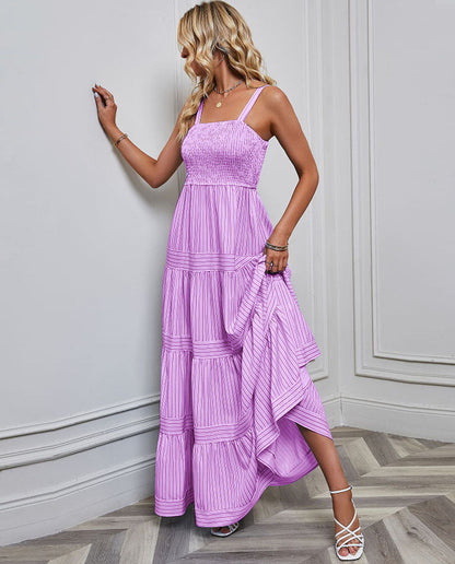 Solid Color Striped Spaghetti Long Dress