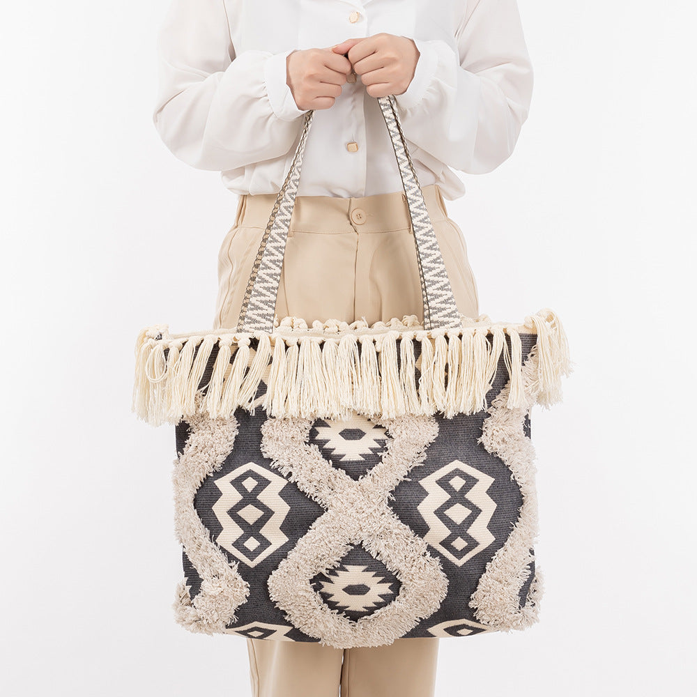 Vintage Tassel Print Tote Shoulder Handbag