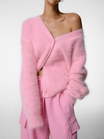 V-Neck Loose Mohair Sweater Cardigan