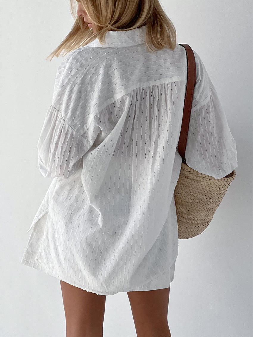 Jacquard Puff Sleeve Shirt Short Set