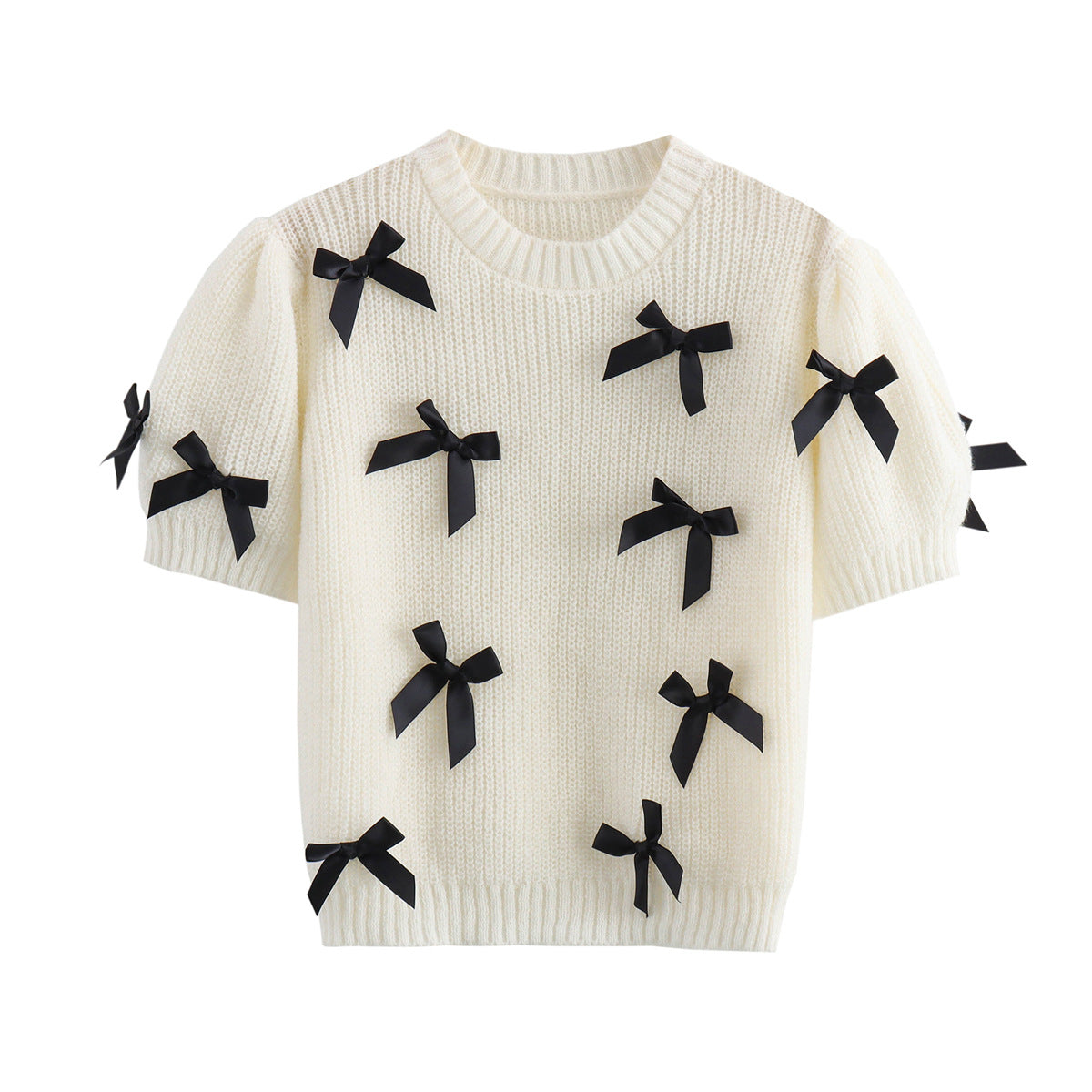 Elegant Crew Neck Bow Decor Sweater Top