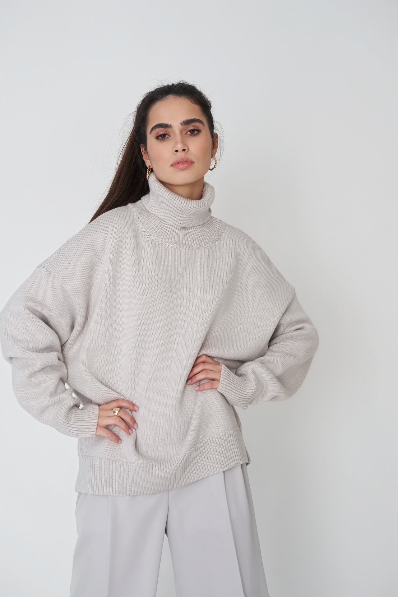 High Collar Loose Solid Color Sweater