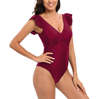 Flounce V-Neck Backless One Piece Swimwear