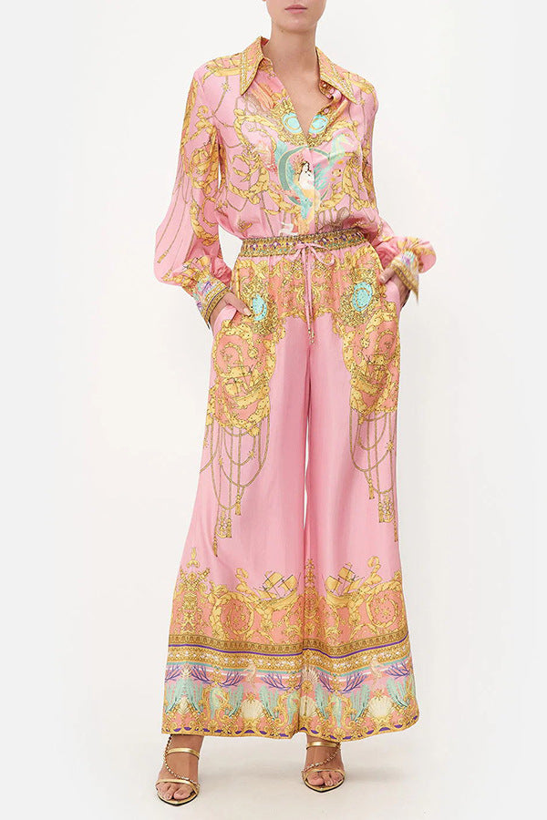 Print Lantern Sleeves Shirt Pant Casual Set