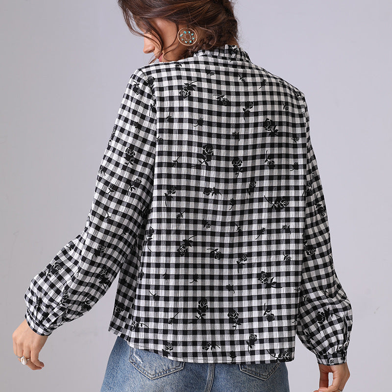 Plaid Color Block Floral String Shirt