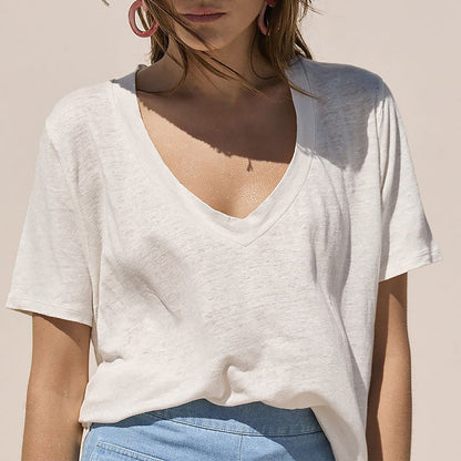Solid Color Deep V-Neck Loose T-Shirt