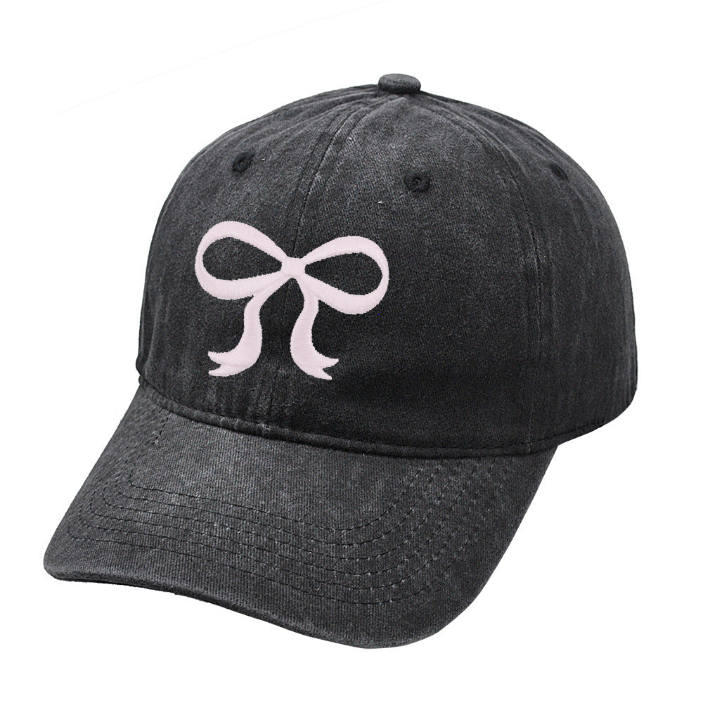 Washed Solid Color Bow Embroider Baseball Caps