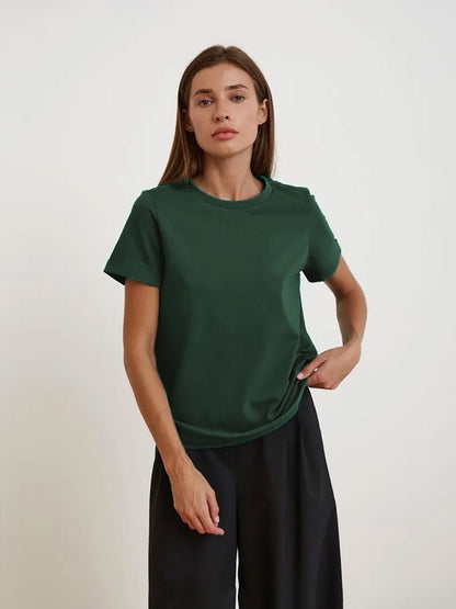 Solid Color Round Neck Loose Short Sleeves Top