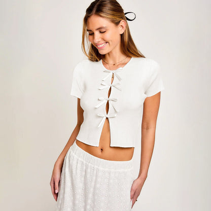 Crew Neck Hollow Out Bow Short Top