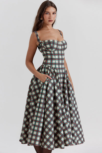Vintage Plaid Pleated Spaghetti Dress