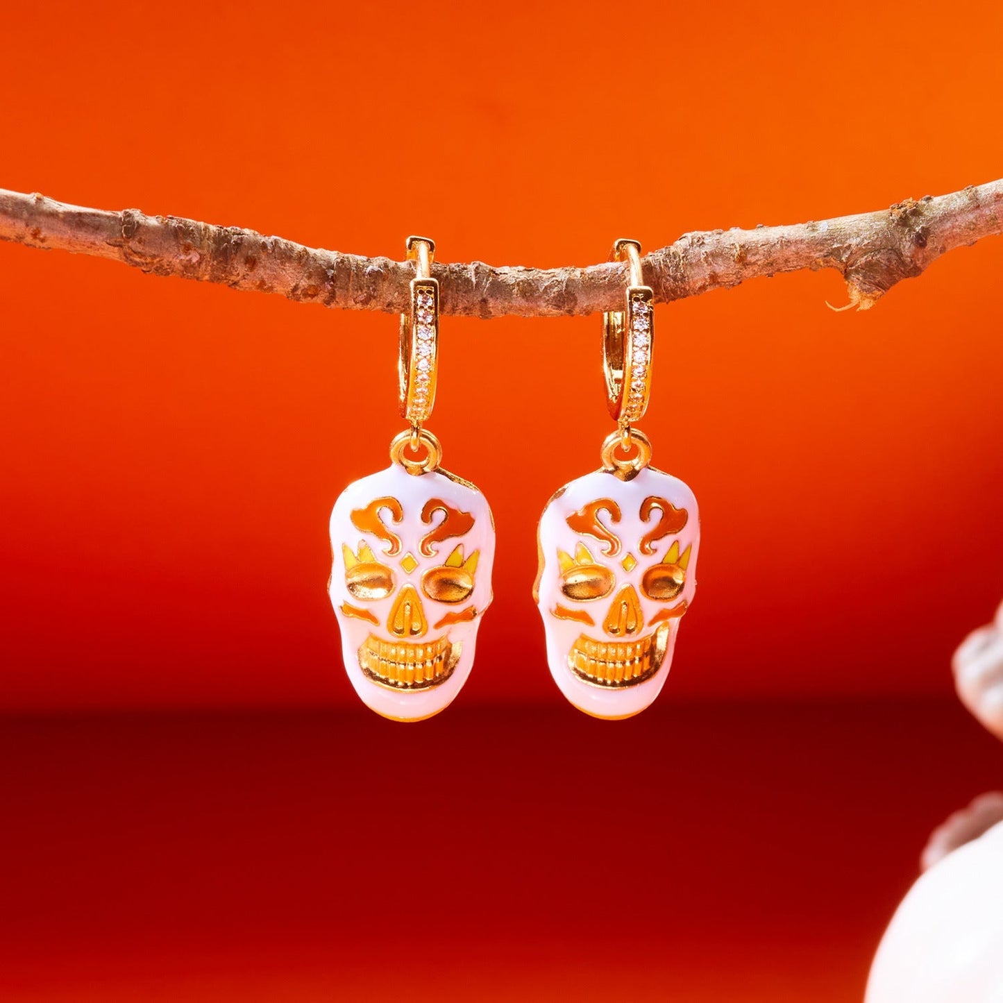 Halloween Enamel Pumpkin Rhinestone Hoop Earrings