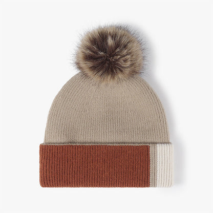 Splicing Color Block Padded Knit Pom Beanie