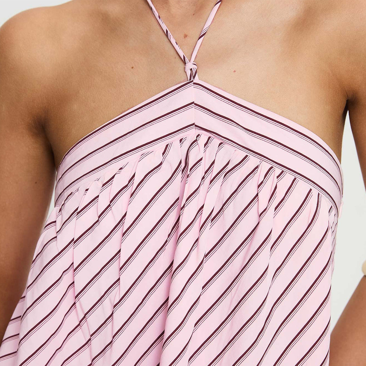 Cute Solid Color Striped Halter Backless Dress