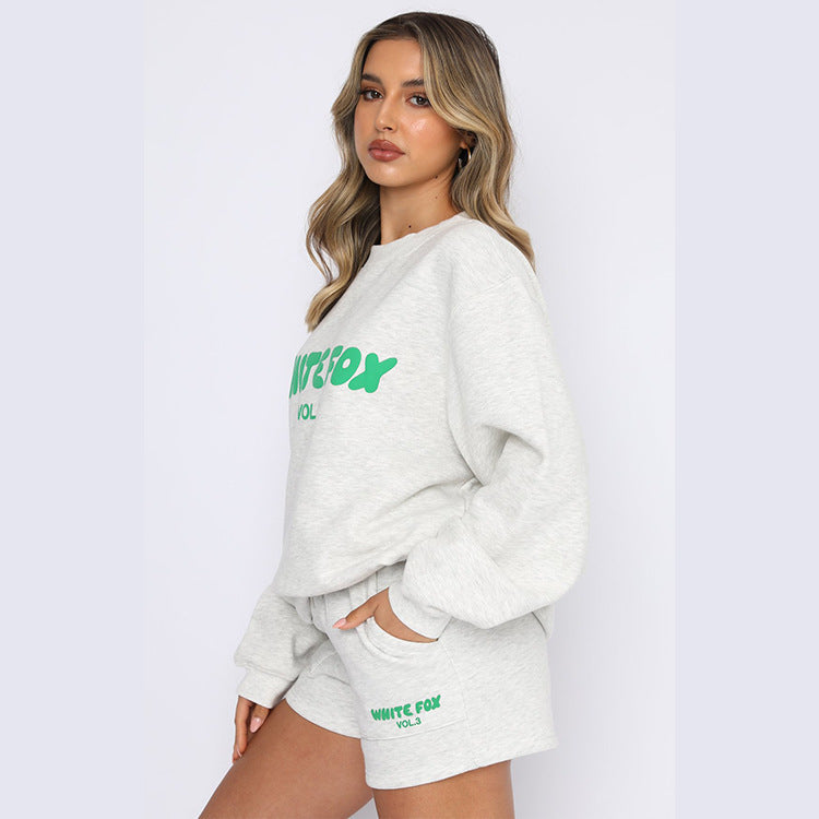 Letter Print Loose Sweatshirt Short Casual Set