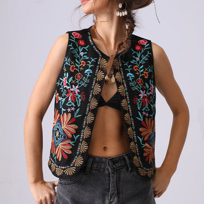 Boho Floral Embroidered Open Front Vest