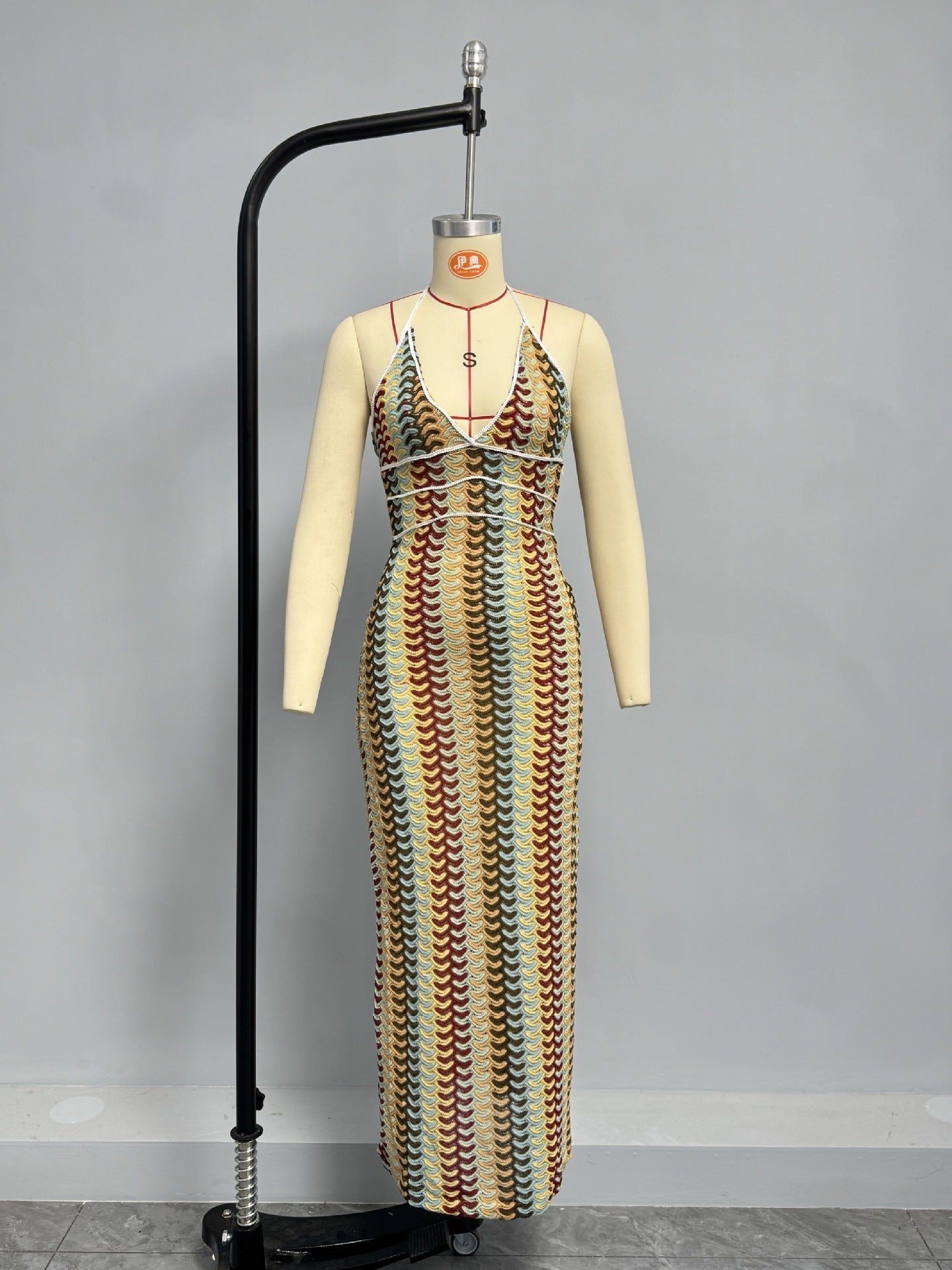 Crochet Printed Spaghetti Strap Maxi Dress