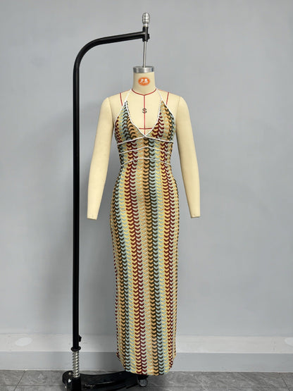 Crochet Printed Spaghetti Strap Maxi Dress