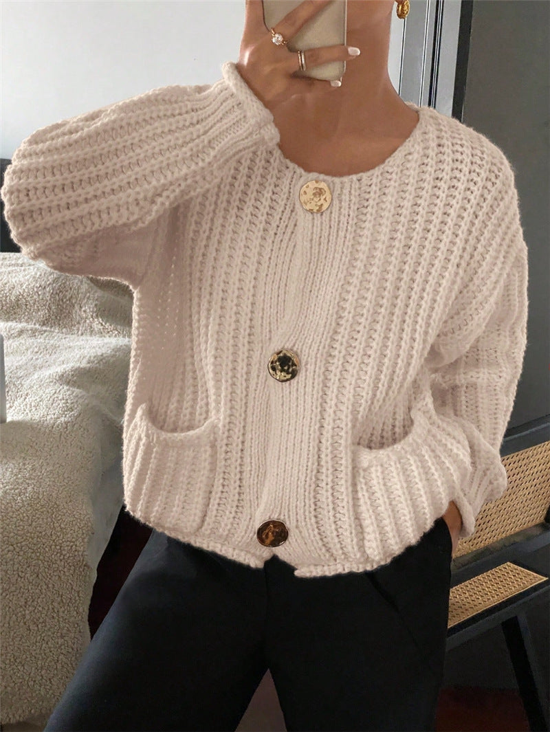 Round Neck Loose Long Sleeve Knit Cardigan