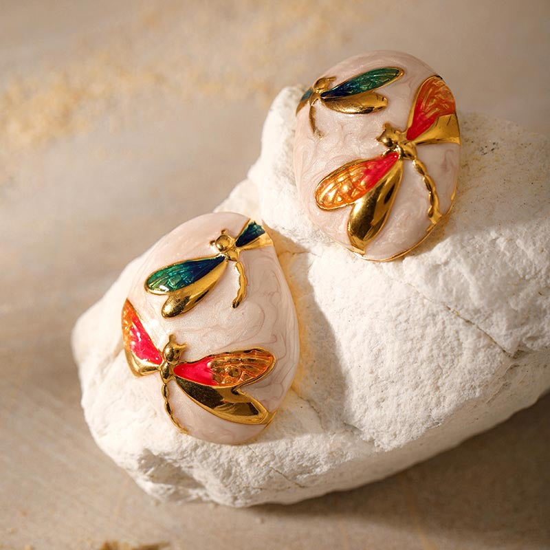 Asymmetrical Oval Enamel Dragonfly Stud Earring