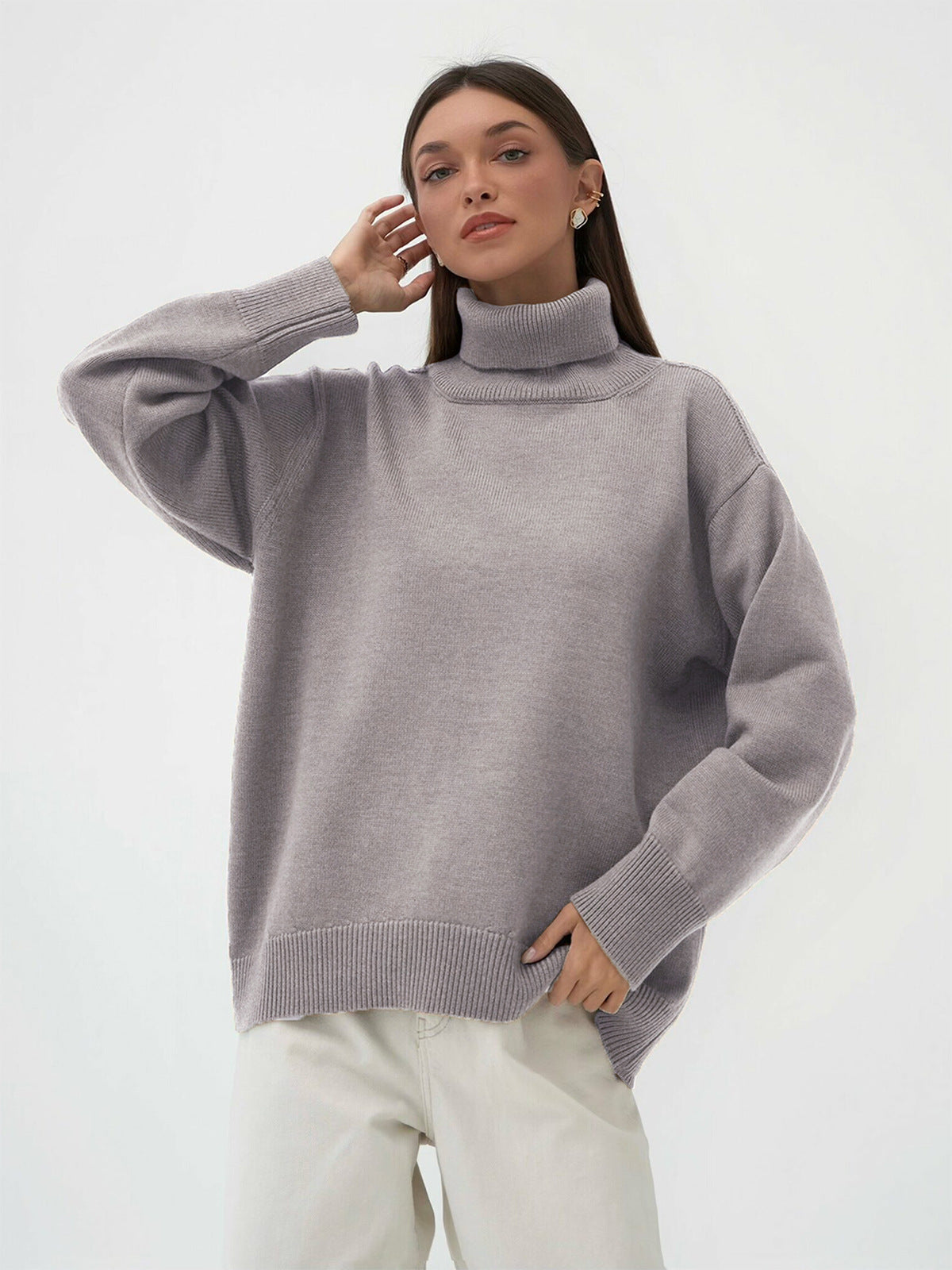 High Collar Loose Solid Color Sweater
