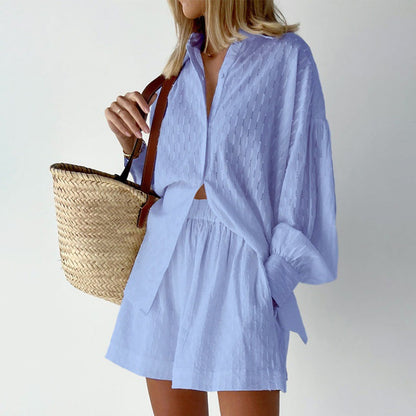 Jacquard Puff Sleeve Shirt Short Set