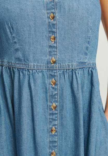 Denim Simple Button Spaghetti Midi Dress