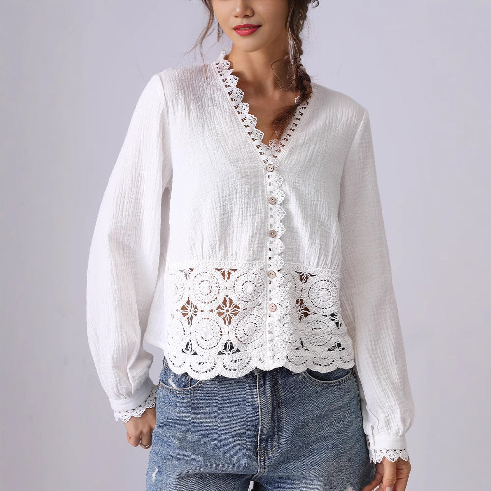 Hollow Lace Ruffled V-Neck Shirt