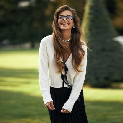 Bows String Tie V-Neck Knit Cardigan