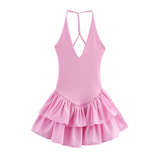 Trendy Solid Color Ruffle Hem Halter Dress