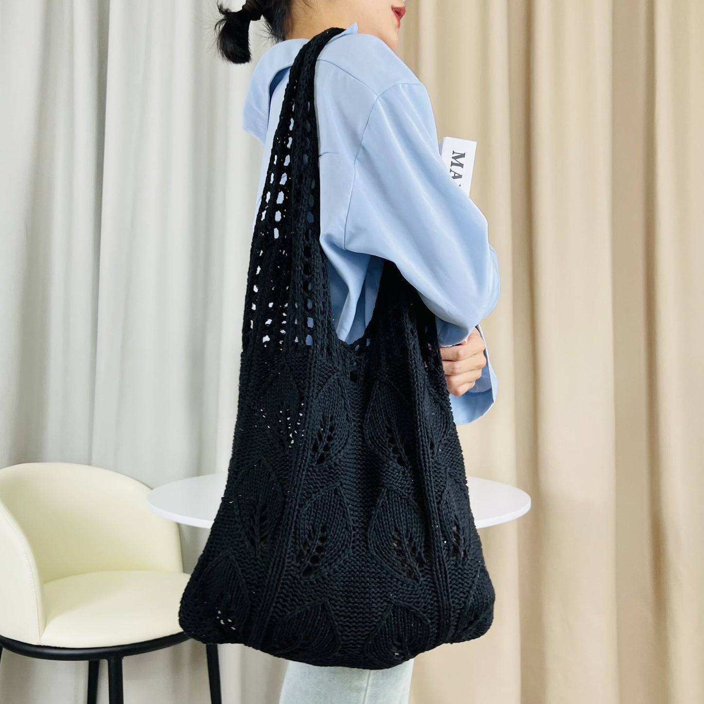 Solid Color Hollow Out Knit Shoulder Tote Bag