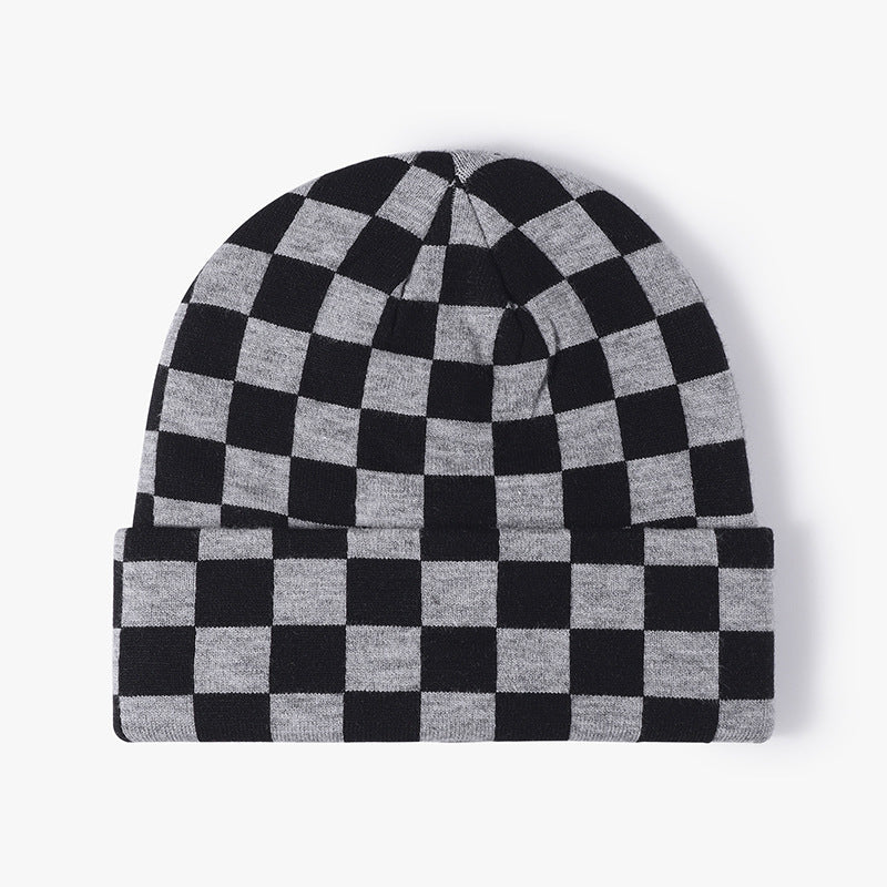 Color Contrast Checkered Knit Beanie Warm Hat
