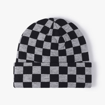 Color Contrast Checkered Knit Beanie Warm Hat