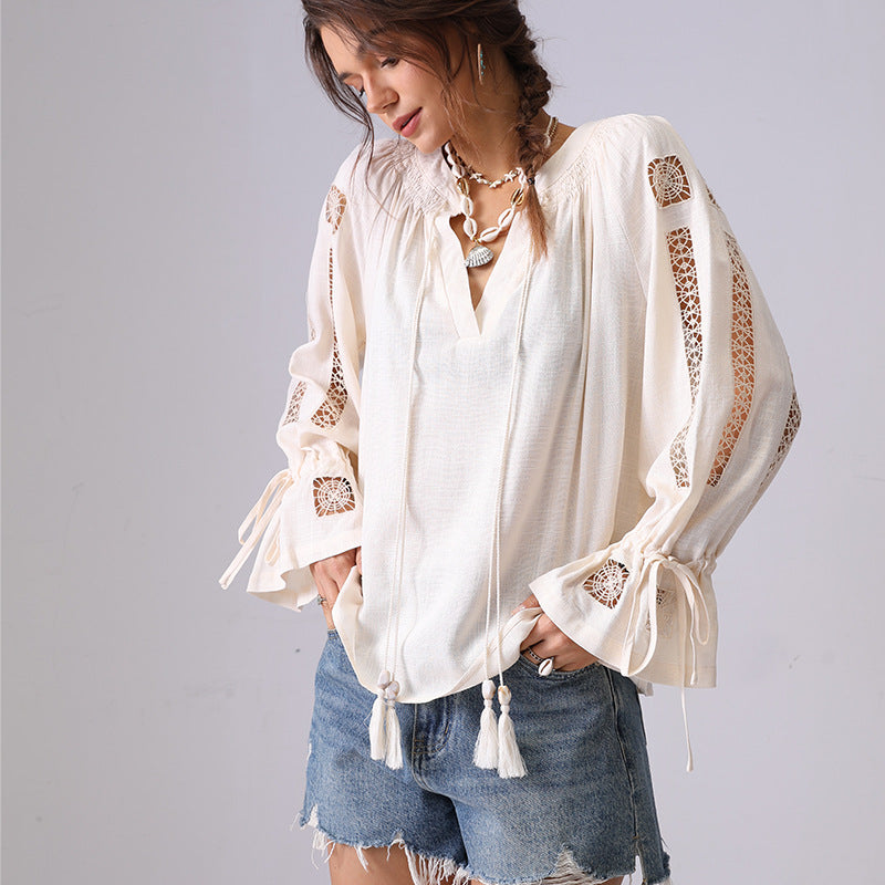 Hollow String Flare Sleeves Pullover Shirt